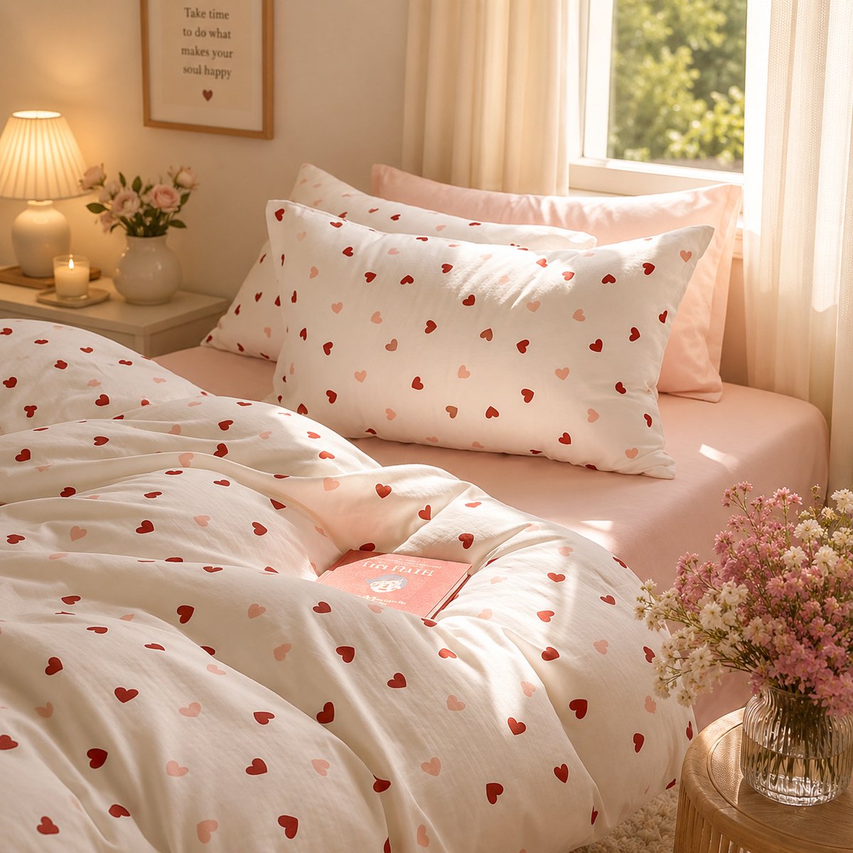 Kinderbeddengoed 135x200 cm – Microvezel dekbedovertrek met hartjesprint, roze/rood, ritssluiting, 1 kussensloop 80x80 cm – 2-delig