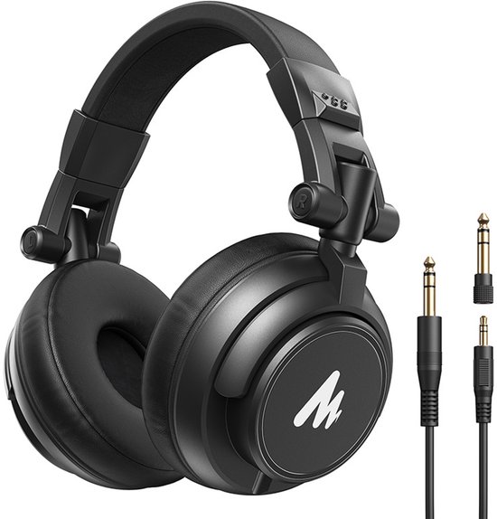 Zwarte Maono over-ear koptelefoon met logo en twee audiokabels.