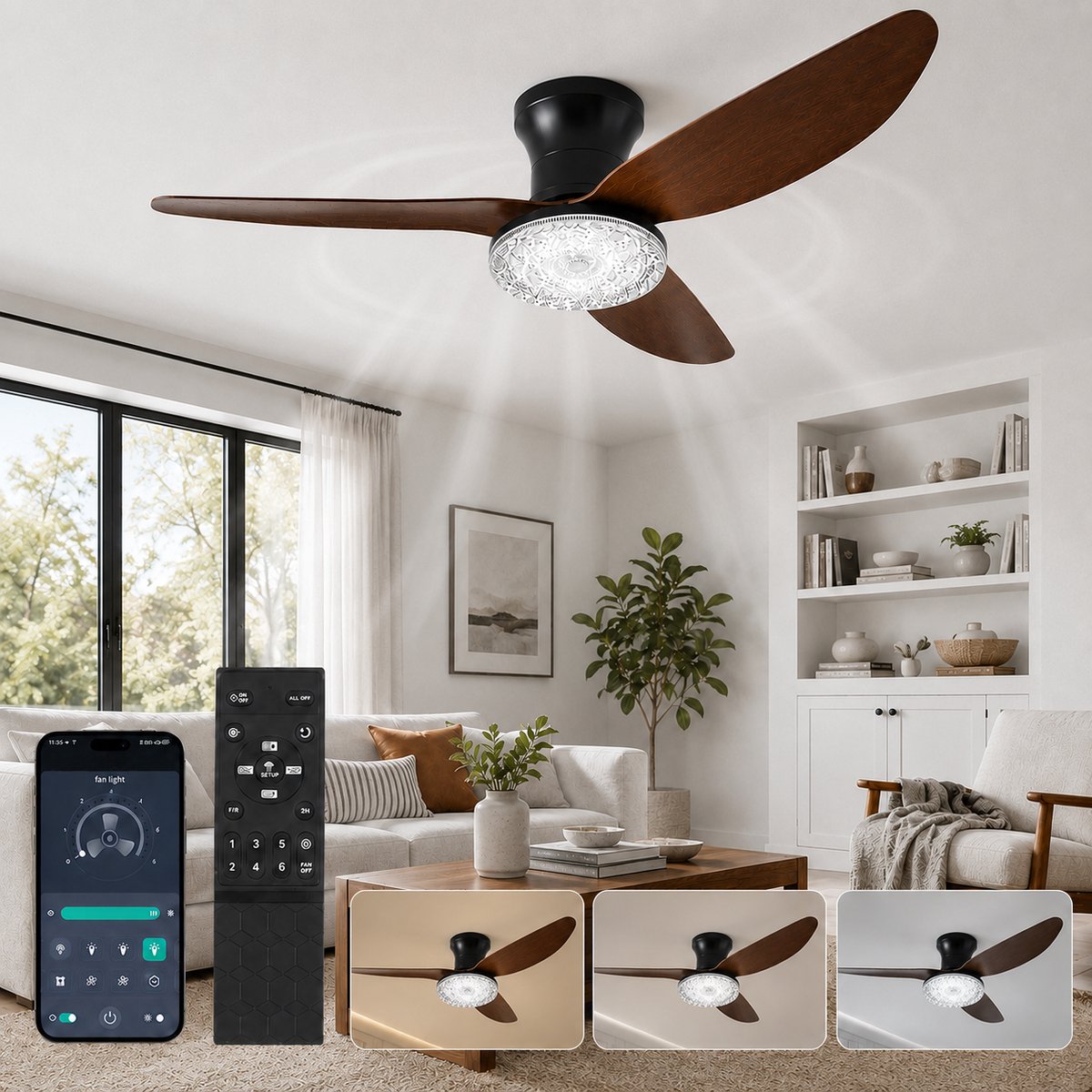 Lapamax Landelijke Houtlook Plafondventilator met Lamp Ø100 cm–Smart Plafondlamp met Ventilator met App en Afstandsbediening-Afstandsbediening-3 Kleurtemperaturen-6 Snelheden en Geheugenfunctie-Voor Woonkamer, Slaapkamer en Kantoor-Kristallen Lamp