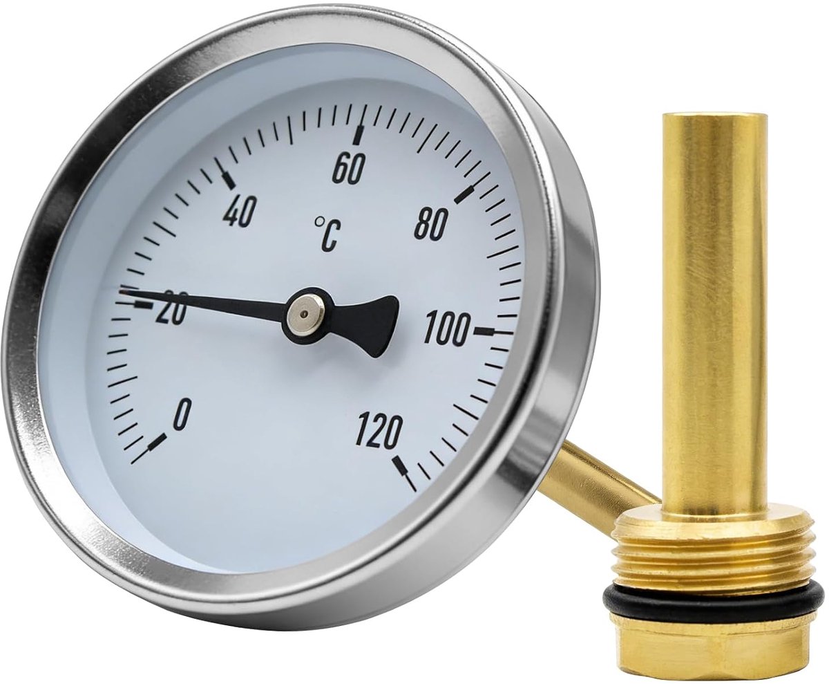 0-120 °C, bimetaal, buisthermometer, axiale wijzer, thermometer met 1/2 inch interface, dompelhuls, installatiethermometer voor verwarmingssystemen en boilers