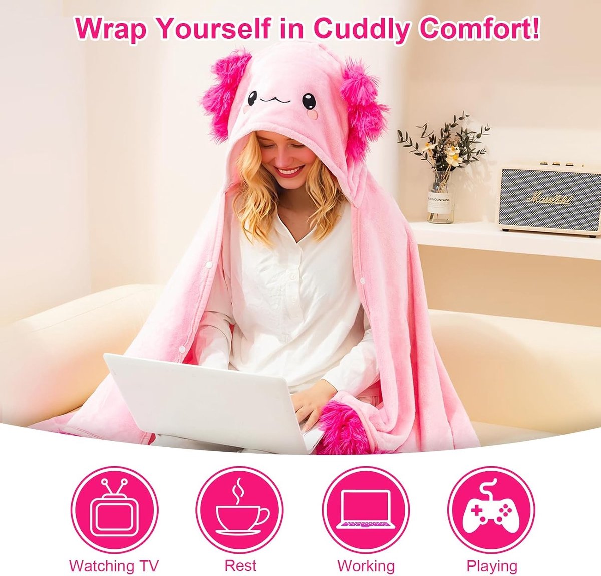 Oversized Kawaii Deken met Kap - Ideaal als Cadeau voor Vrouwen, Meisjes en Volwassenen - 50 x 60 Inch, Comfortabel en Warm