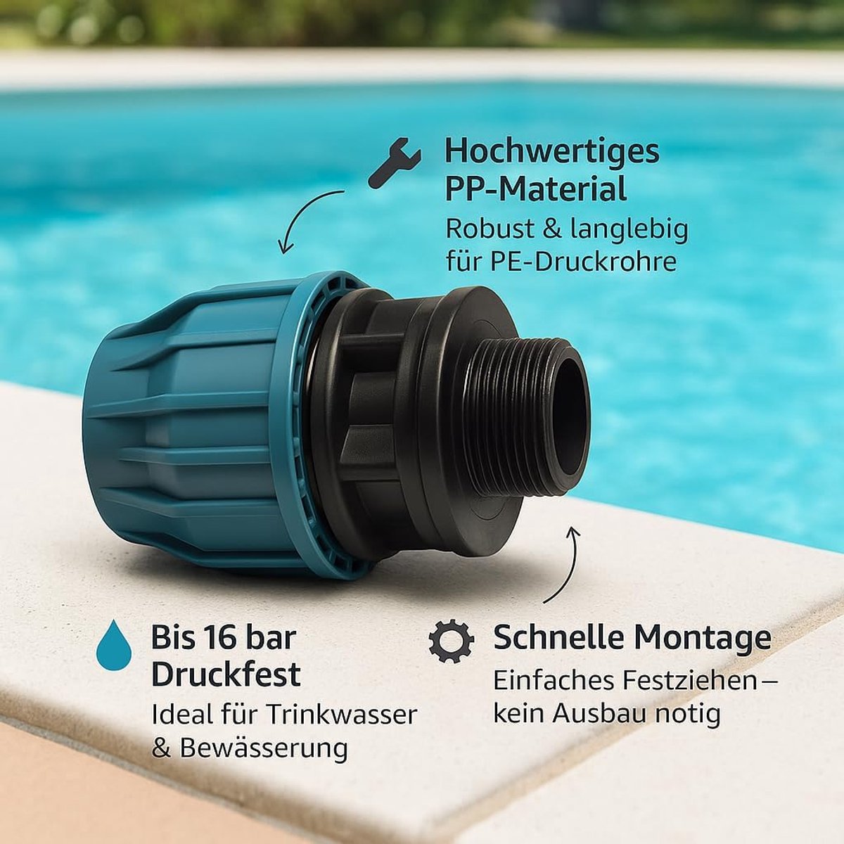 klemkoppeling 20 mm x 3/4 inch AG - klem x buitenschroefdraad | 16 bar druk | PE-buisfitting zwart/blauwe koppeling | Voor drinkwater (DVGW/KIWA/WRAS/SVGW)