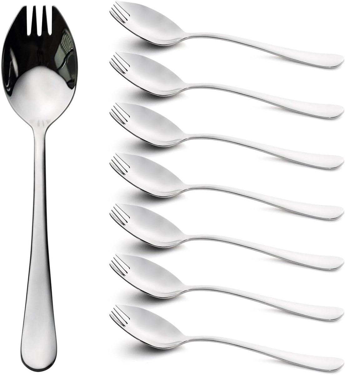 Sporks, 8-pack roestvrijstalen sporks van voedselkwaliteit, slaaivork met 7,4 inch lang handvat voor dessert, ijs, salade, soep, pasta, spaghetti, vaatwasmachinebestendig