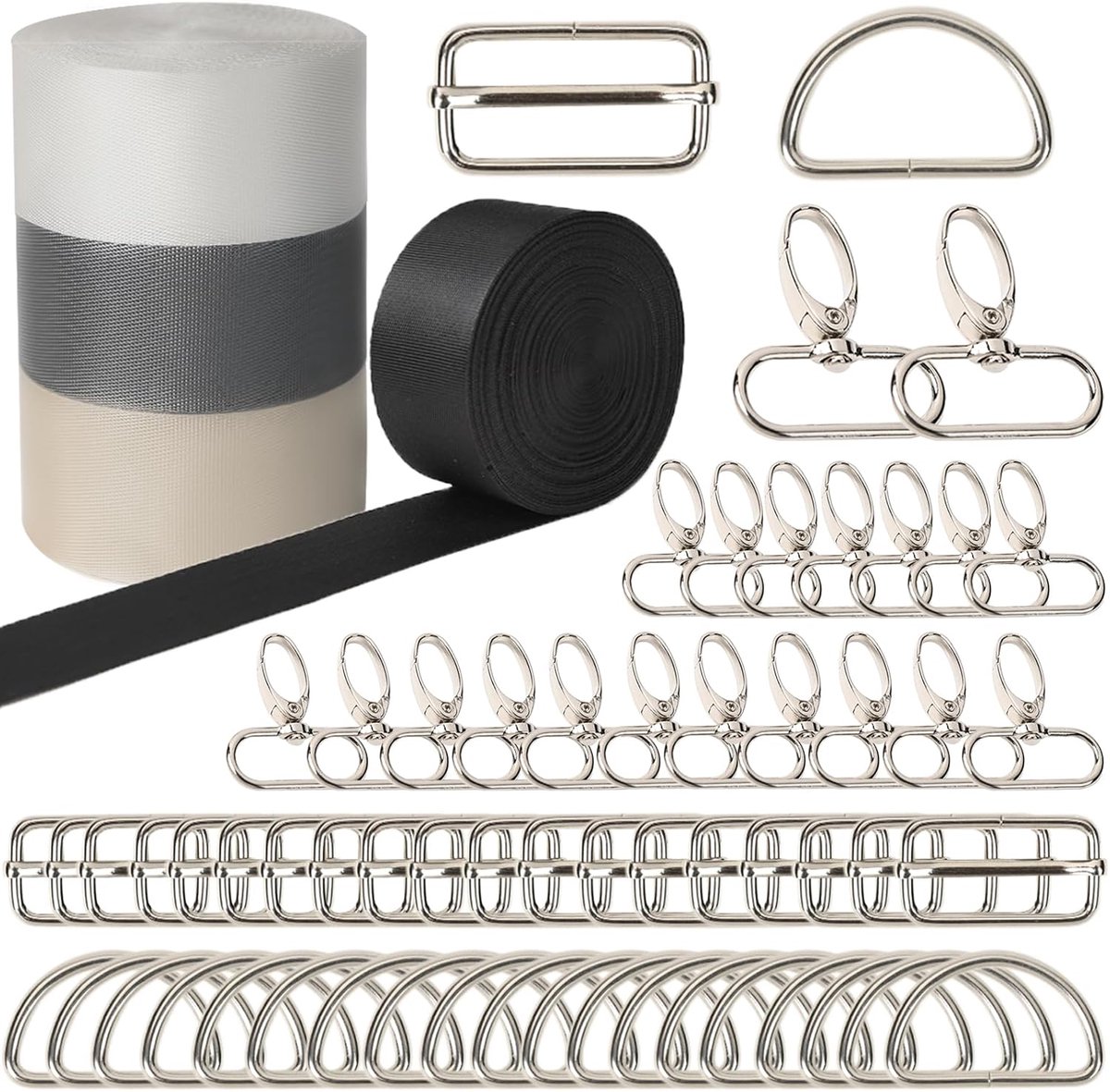 Set van 64 stuks lint 25 mm, inclusief 20 m nylon webbing, 20 karabijnhaken sleutelanhangers, 20 D-ringen, 20 metalen Triglide schuifsluitingen