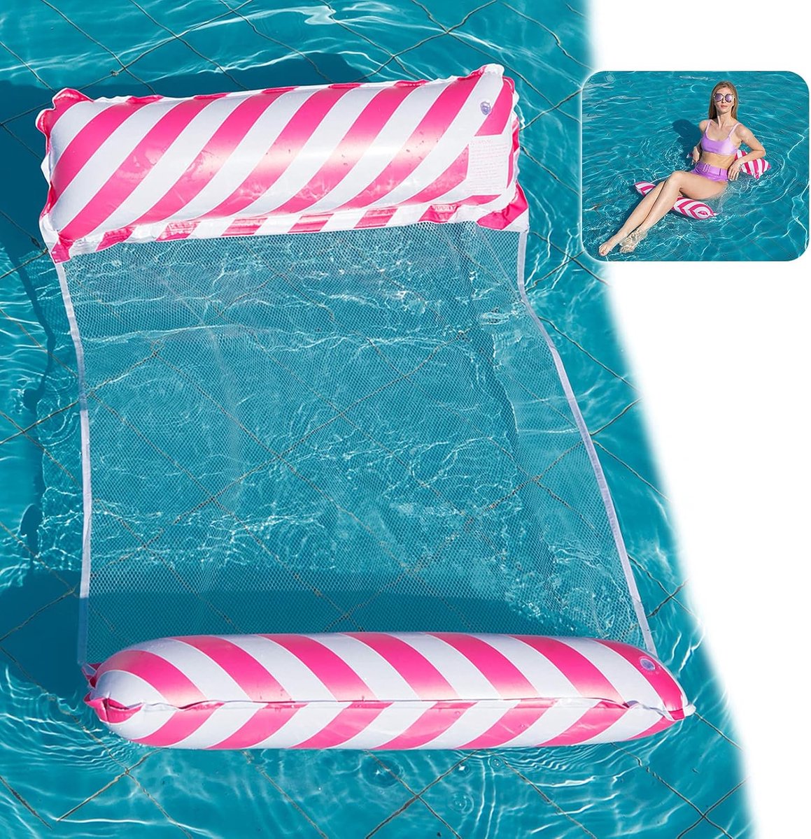 Waterhangmat, Opblaasbaar zwembad 4-in-1 loungestoel, Opblaasbare hangmat, Pool float hangmat, Opblaasbaar zwembed, voor kinderen, volwassenen, feest, zwembad, strand (Roze)