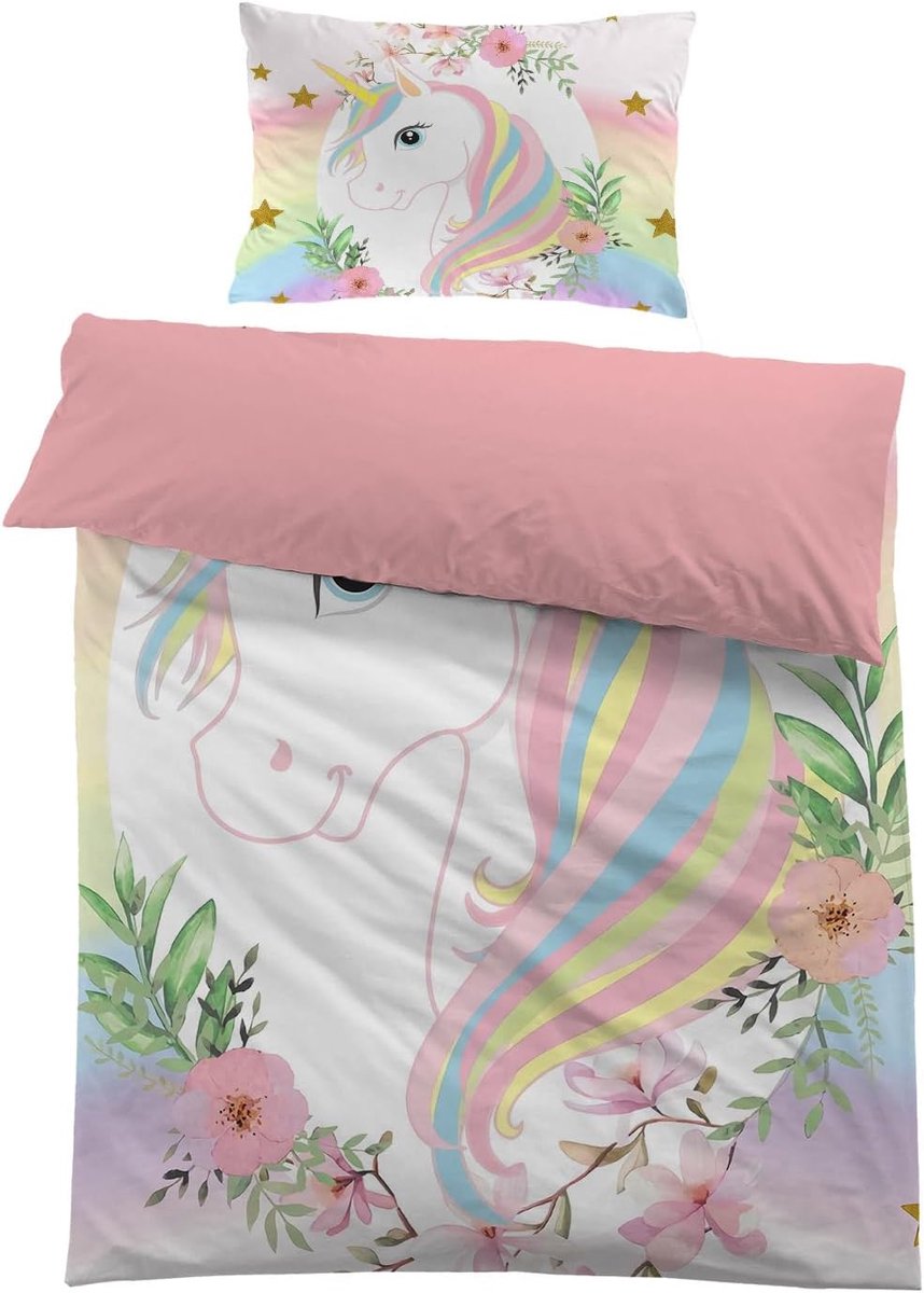 Eenhoorn beddengoed 135 x 200 cm 3D-print eenhoorn kinderbeddengoedset roze 135 x 200 cm en 1 kussensloop 50 x 75 cm voor meisjes, eenhoorn 01