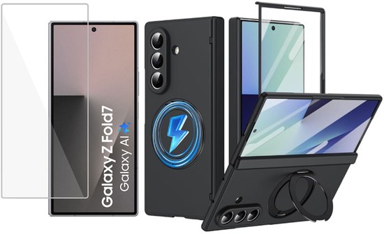 Coque de téléphone noire pour Samsung Galaxy Z Fold 7 avec protecteur d'écran et anneau.
