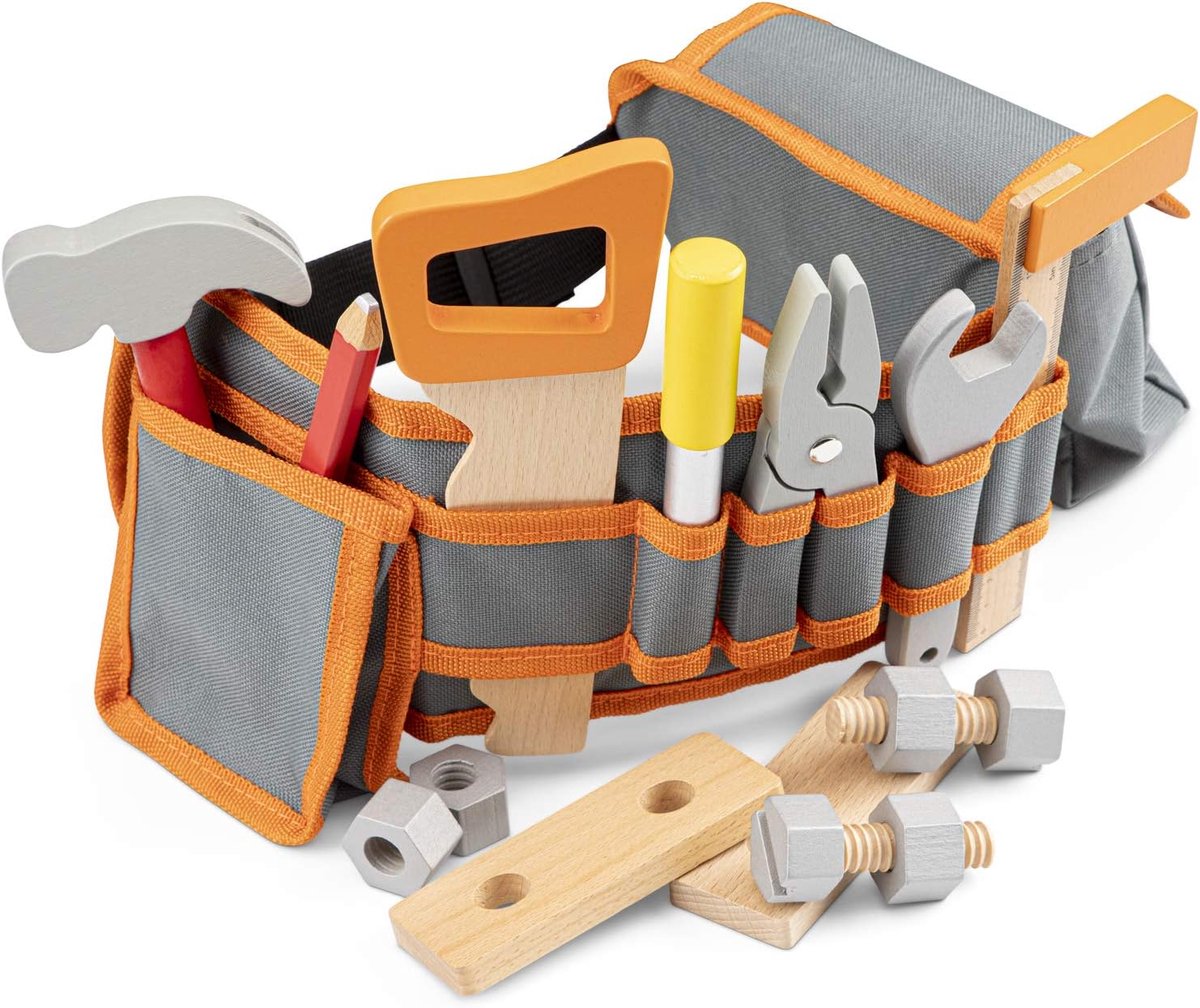 Classic Toys - Gereedschapsriemset - Oranje - Houten Pretend Play Constructieset - Inclusief Hamer, Zaag, Schroevendraaier, Tang, Moer, Heerser, Bouten, Moeren en Houten Blokken - Verstelbare