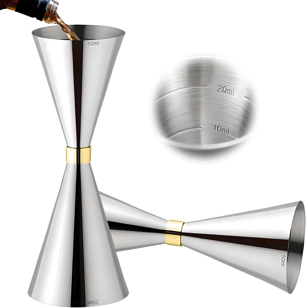 Cocktailmaatbeker van roestvrij staal, maatbeker voor professionele baristadranken, enkele of dubbele maatbeker met geïntegreerde schaalmarkering: 25/50 ml (zilver)
