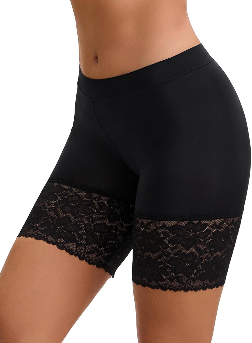 Korte fietsbroek voor dames, met kant, anti-schuren, dijen, onderbroek, licht, 1 Zwart, L
