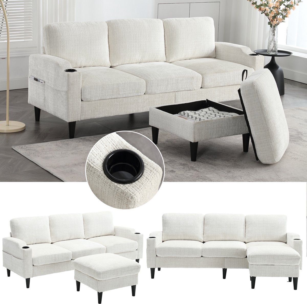 4-zits Bank Met Hocker En Opbergruimte - Beige Chenille - Inclusief Bekerhouders En Opbergvakken