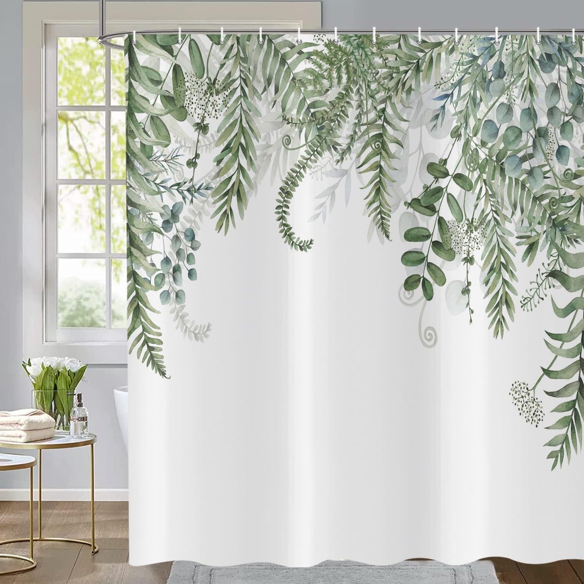 SnelShoppen - Eucalyptus Douchegordijn 180 x 200 cm, Waterdicht en Wasbaar, Polyester, Groene Eucalyptusbladeren, Voor Badkamer en Douche