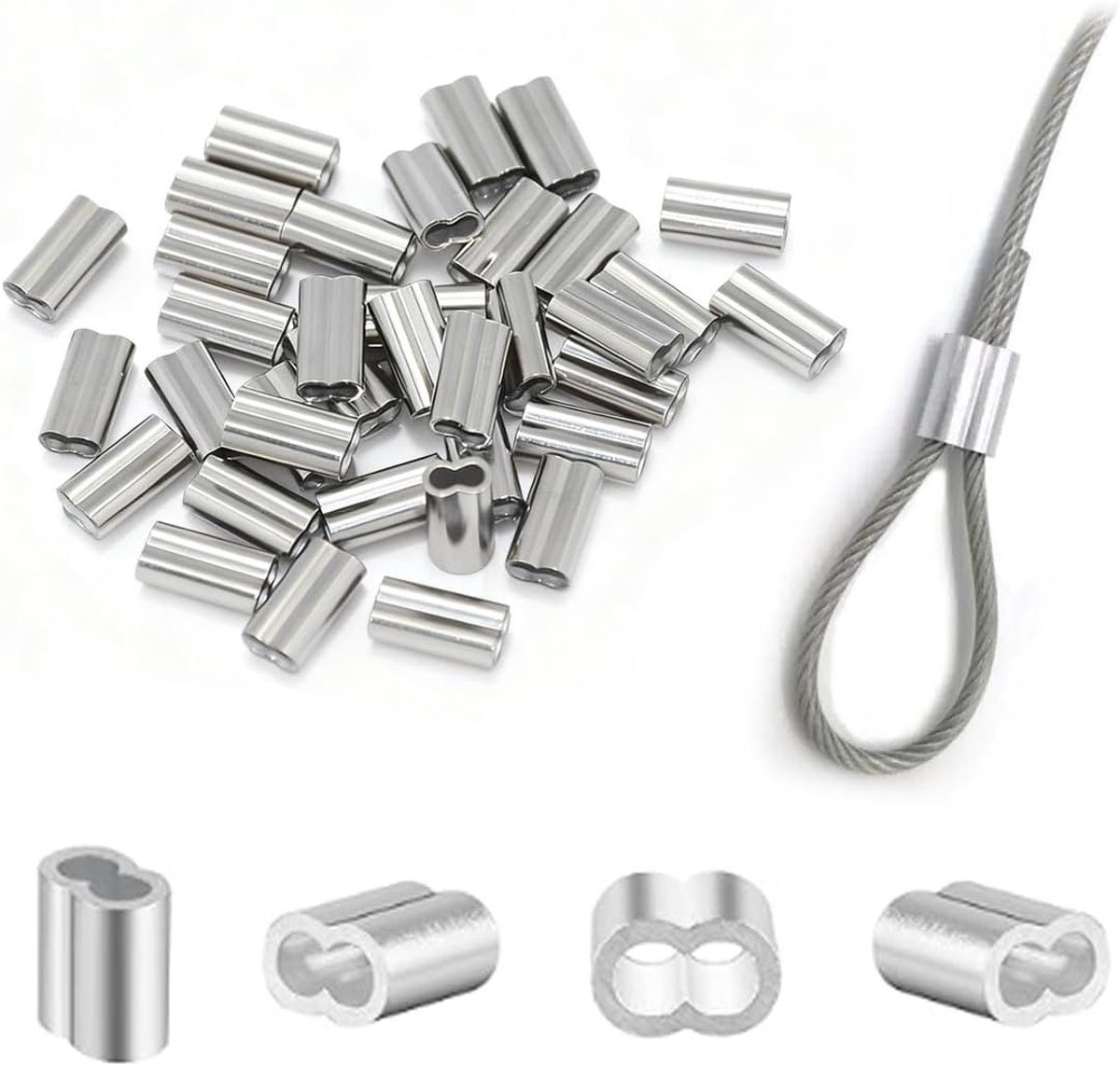SnelShoppen - Kabelklemmen 2 mm, 100 stuks Aluminium Sleeves, Dubbele Klemmen, Aluminium Bevestigingen voor Stalen Kabels, Geschikt voor Rubberkabels