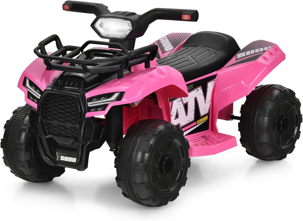 COSTWAY 6 V elektrische kinderquad met opbergruimte, mini-quad met muziek, claxon en led-koplamp, kinderquad 2 km/u, voor peuters vanaf 18 maanden (roze)