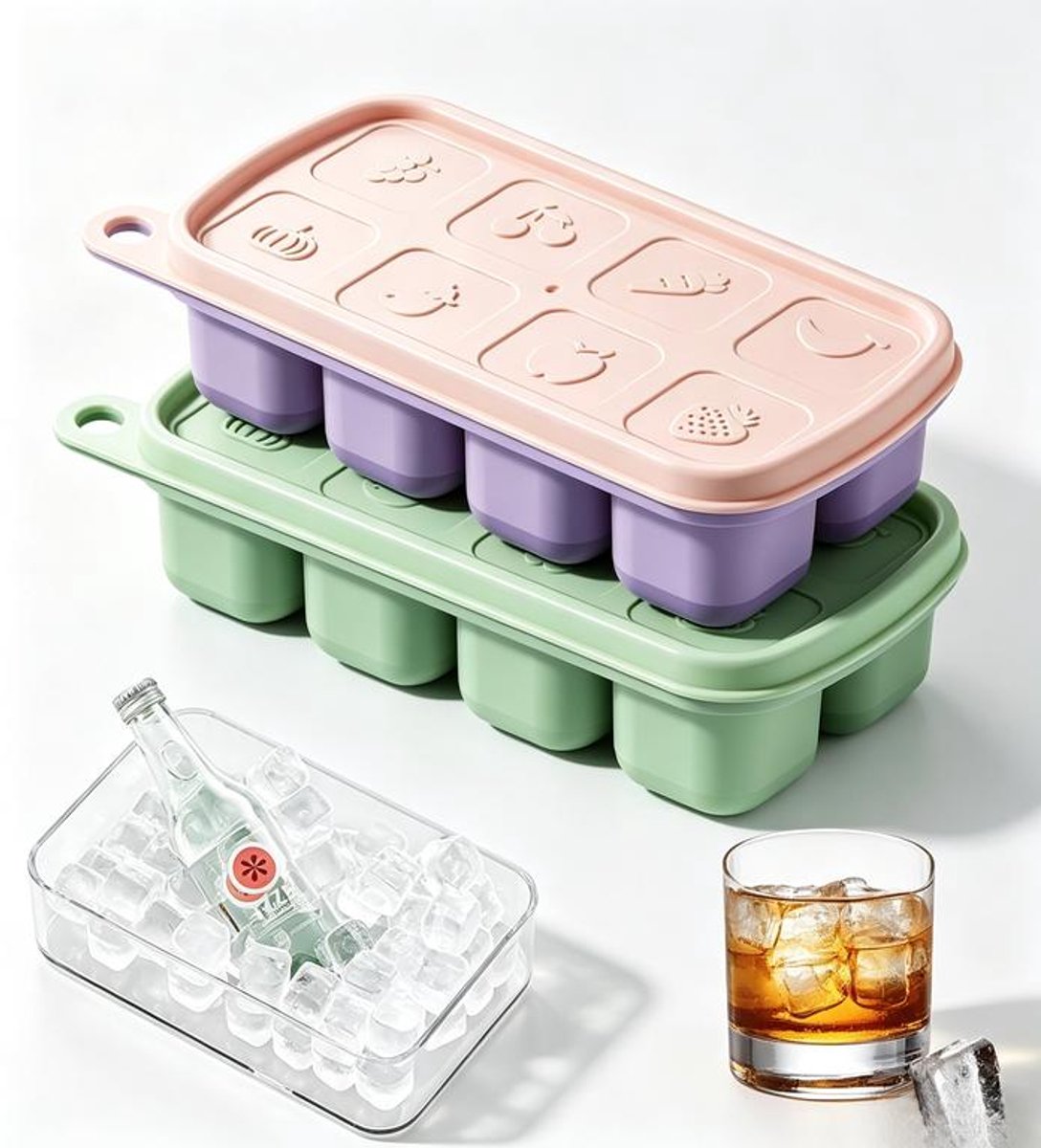 KZQ siliconen ijsblokjesvormen - 2 schattige siliconen ijsblokjesvormen - Met deksel - BPA-vrij, gemakkelijk te ontvormen - Perfect voor whisky, cocktails, babyvoeding en feestjes - Roze en donkergroen - 15 x 4 x 7 cm