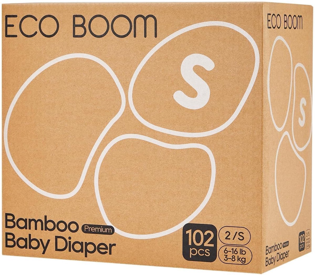 SnelShoppen - ECO BOOM Premium eco-luiers maat 2 van bamboe (3-8 kg) voor gevoelige babyhuid, 102 stuks, duurzame luiers, hypoallergeen, zacht, milieu