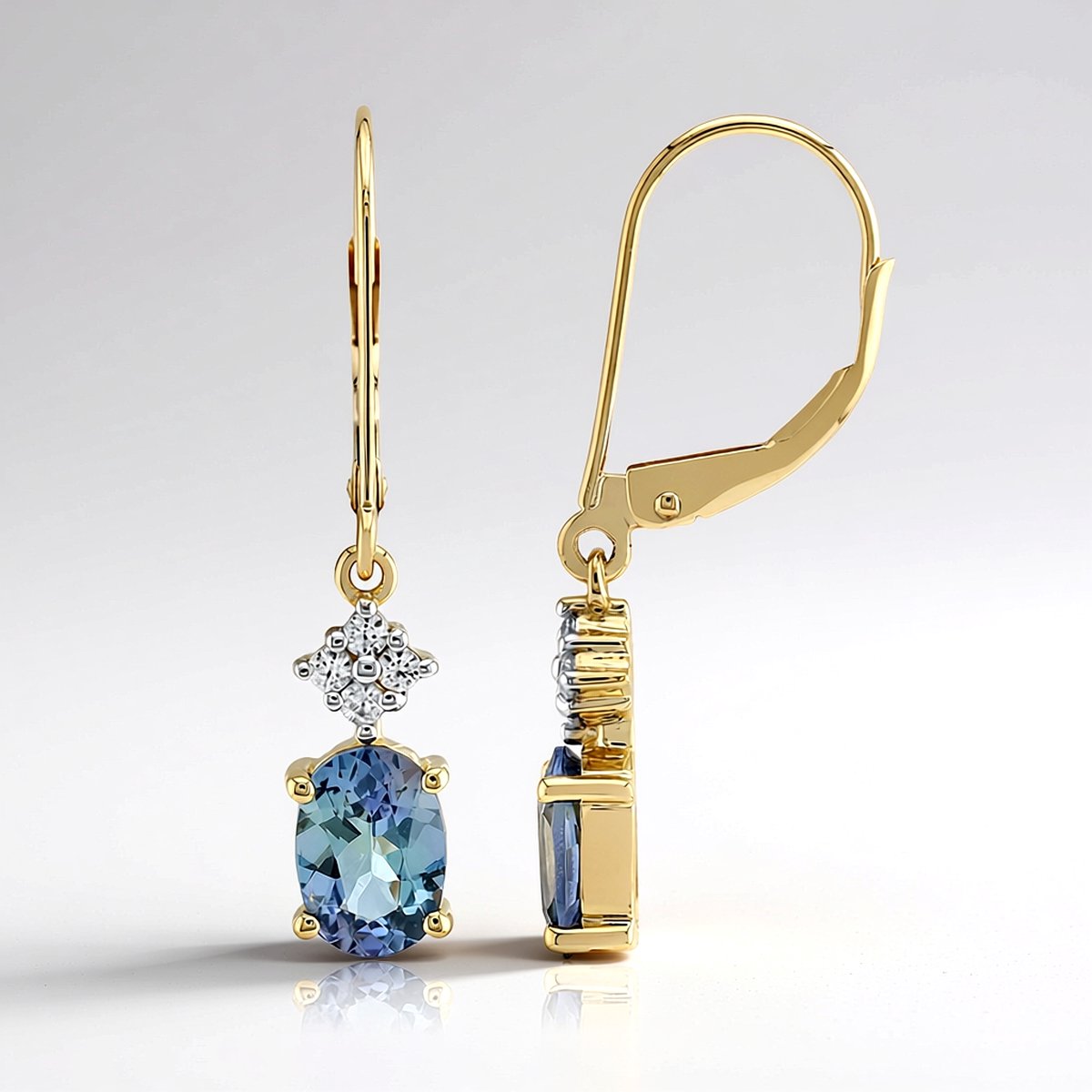 Cavill - Gouden Oorbellen 375 Geelgoud - Blauwg-roene Onverhitte Tanzaniet Ovaal 1,275 ct - 8 Zirkonen - Luxe Oorbellen 28 mm - Tijdloze Elegantie