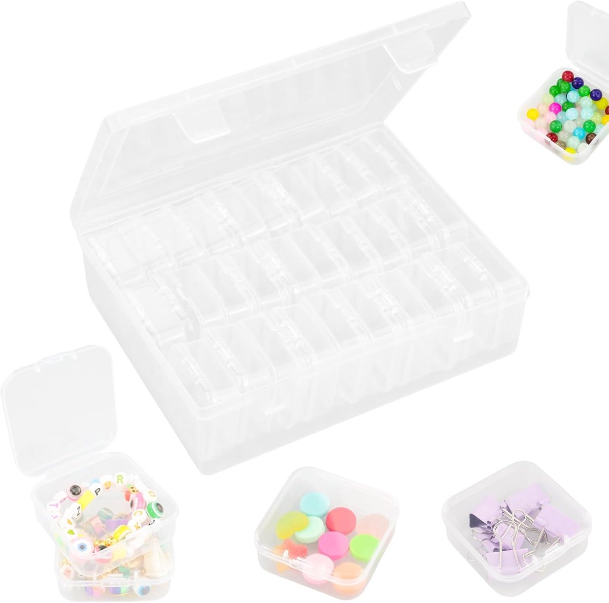 SnelShoppen - Pack van 30 Kleine Opbergdozen met Deksel, Mini Opbergdoosjes van Helder Plastic voor Sieraden, Oorbellen, Ringen, Kralen (5.5 x 5.5 x 2