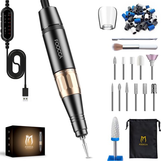 Zwarte FOOCCA elektrische nagelvijl met gouden details, USB-controller en diverse bitjes en schuurrolletjes.