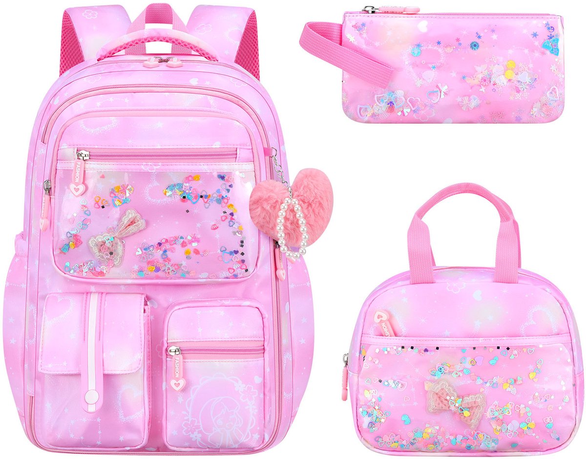 Rugzak meisje - Schooltas meisje - Tiener rugzak - 25L - Inclusief etui en dinertas - Lichtgewicht - Waterafstotend - Grote capaciteit - Voor basisschool en middelbare school - 45*32*18cm - 3-delige set - Roze