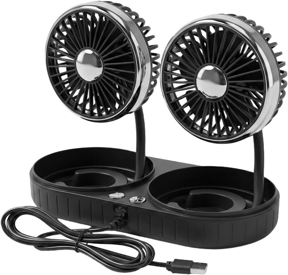 USB-autoventilator met dubbele kop – Stille werking, 360 graden draaibaar, draagbaar, 3 snelheidsstanden – Auto-accessoire