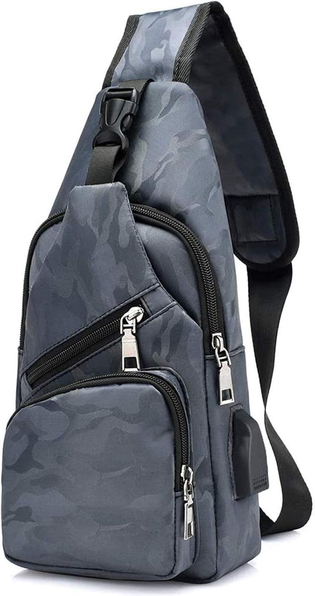 SnelShoppen - Sling Bag met USB Opladen, Verstelbare Schoudertas, Multi-Zak Crossbody Rugzak, Hiking Casual Buitenrugzak voor Mannen - Grijs Camouflag