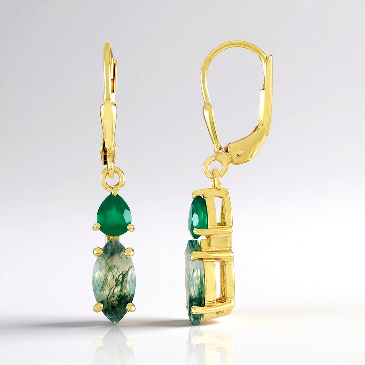 Cavill - Elegante Oorbellen 925 Sterling Zilver Verguld - 1,81ct Mosagaat & Groene Agaat - Marquise & Peervorm - Braziliaanse Edelstenen