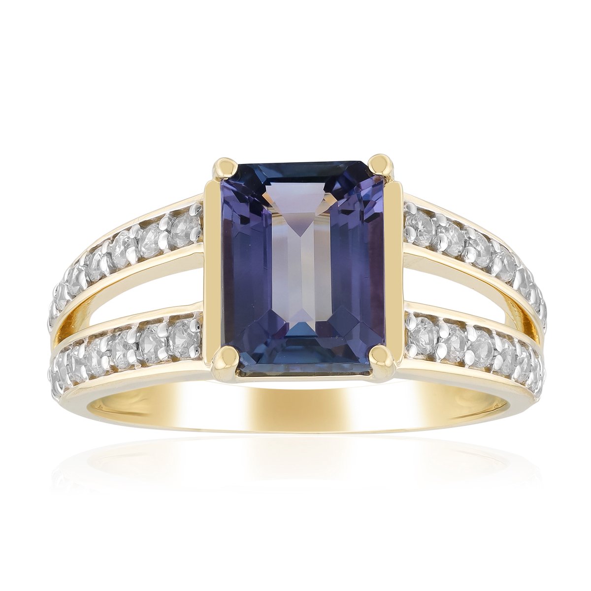 Cavill - Luxe 9 Karaat Geelgouden Ring - 1,76 Ct Paarse Onverhitte Tanzaniet - 28 Rond Zirkonia - Elegante Damesring - Achthoekig Design