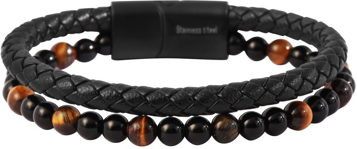 Akzent leren armband met natuursteen zwart 21cm.