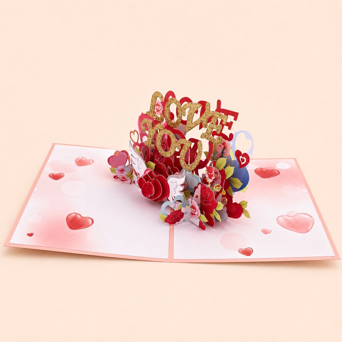Paperbloom Pop-up Liefdeskaart – 3D Love You Kaart met Rozen en Hartjes – Romantische Wenskaart voor Hem en Haar – Valentijn en Jubileum
