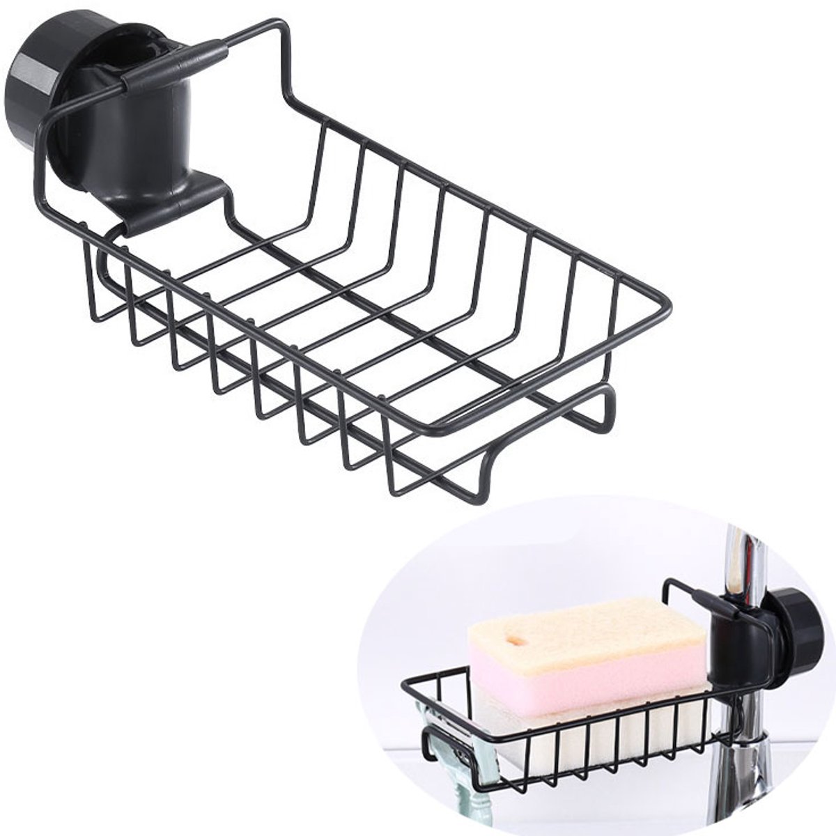 Gootsteen organizer - Keuken gootsteen sponshouder - Afvoerrek - Kraan opbergrek - Een kraanrekje met een ingebouwd afvoerbakje voor sponzen en vaatdoeken, waardoor boren niet nodig is - 17×10×4cm - Voor opbergruimte bij de gootsteen - Zwart