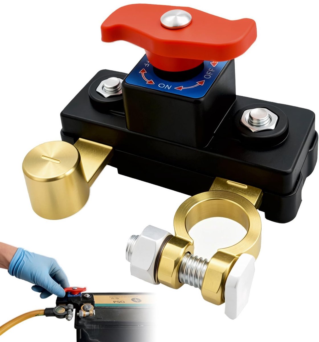 Accu Hoofdschakelaar van Puur Koper - met Accuklemmen - 12V / 24V Accuschakelaar voor Voorkomen Lekstroom - voor Auto, Camper, Boot, Vrachtwagen & Caravan - Rood & Zwart