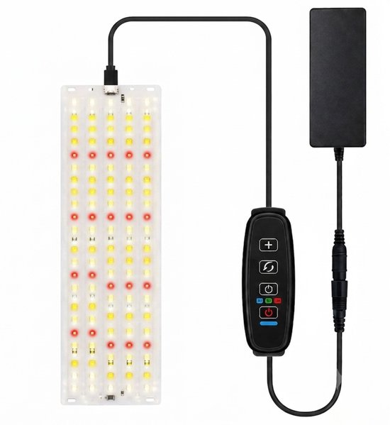 Led groeilamp met bedieningspaneel, stroomadapter en lange kabel, met witte en rode ledlampjes.