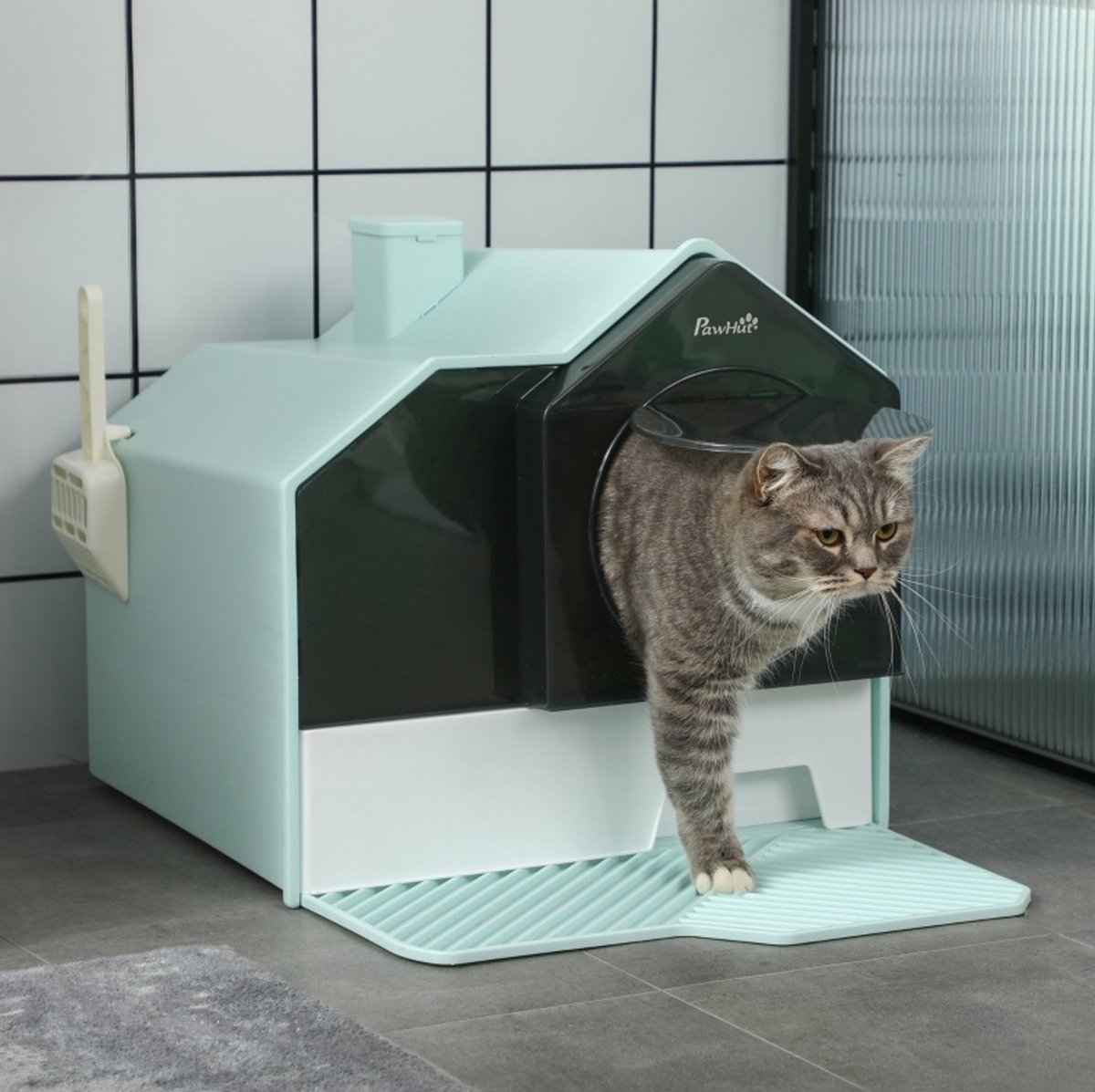REDOM - Kattenbak - Gesloten - Hutten-design - Siebvorleger - Streuschaufel - Uitneembare bodemlade - Filter - Plastic - Groen - 47 x 45 x 42 cm