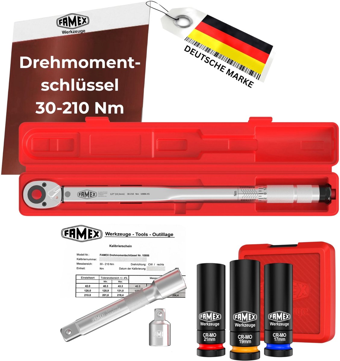 SnelShoppen - Momentsleutel 1/2 inch (12,5 mm) met kalibratiebewijs | 30-210 Nm | Voordeelset met bescherminzetstukken voor wielbouten | Geschikt voor