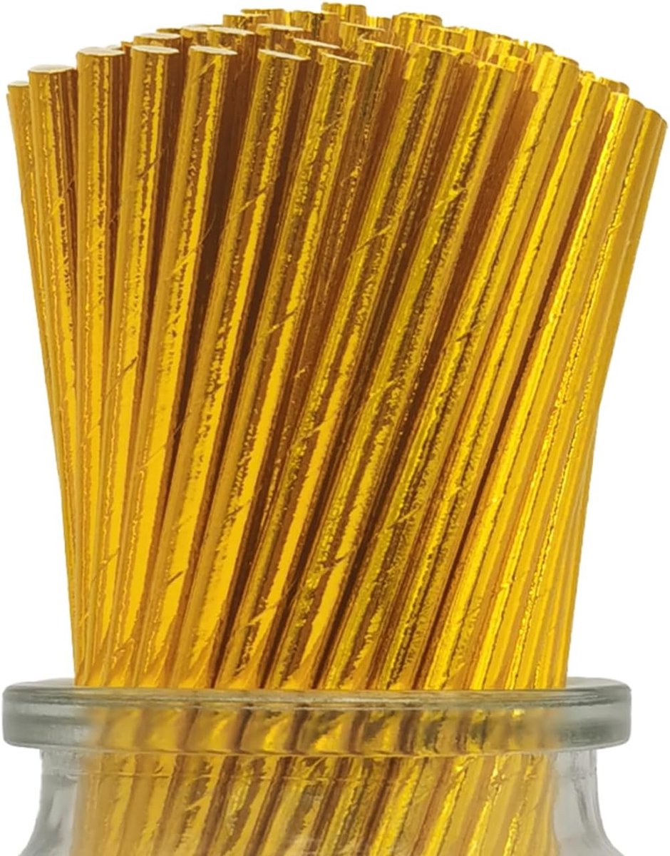 Metallic Gouden Papieren Rietjes, Ø6 mm × 19,7 cm, Verpakking van 100 Stuks Wegwerprietjes, Drinkrietjes Metaaleffect - ShopVlot