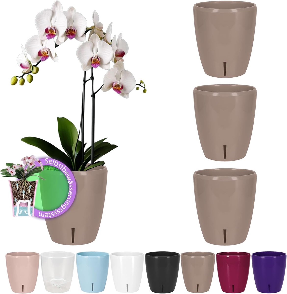 SnelShoppen - Set van 4 zelfbewaterende Orchideeënpotten met waterlontsysteem en waterpeilindicator, zandkleurig, 16,5 cm, voor binnenshuis gebruik, 3