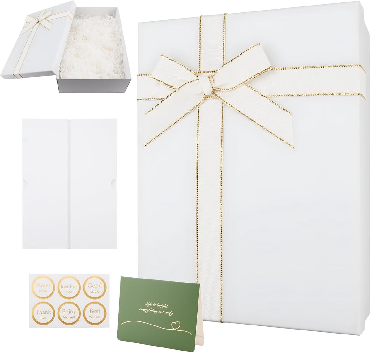 Geschenkdoos met deksel 29 x 22 x 10,5 cm - witte geschenkdoos met strik - inclusief wenskaart - SnelShoppen