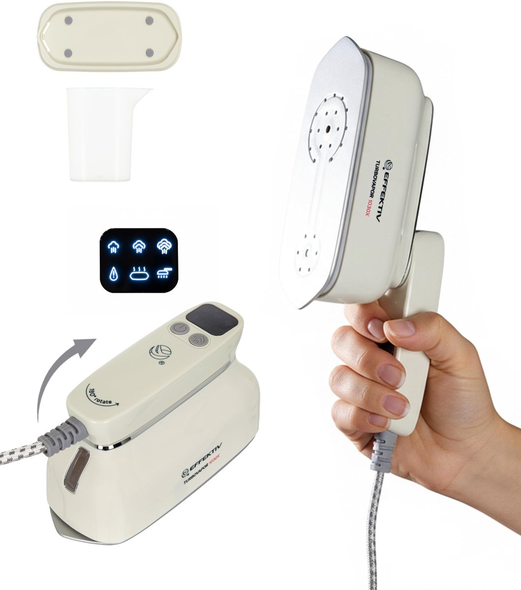 SnelShoppen - EFFEKTIV Reisstomer 1030X – Opvouwbaar 3-in-1 Mini Reisstrijkijzer & Handheld Kledingstomer – 1600W Draagbare Kledingstomer met 6 Stooms