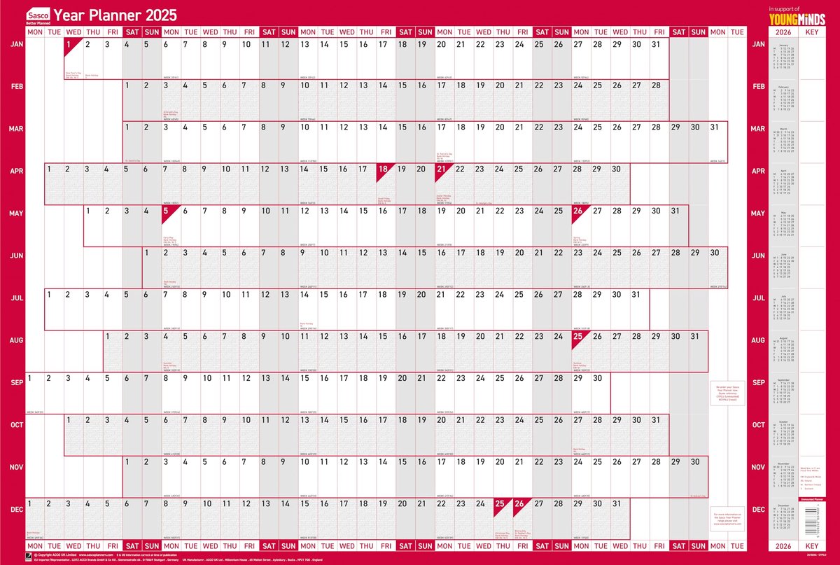 Compacte jaarlijkse muurplanner - droog uitwisbare kalender voor huis en kantoor