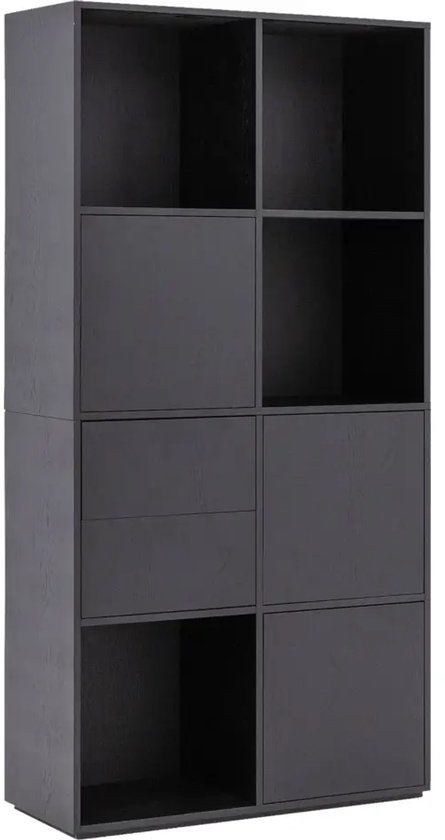 Armoire noire avec 4 compartiments ouverts, 2 tiroirs et 2 portes.