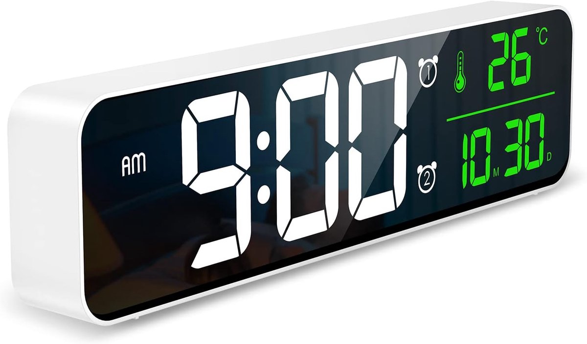 Grote digitale wandklok 25 cm - led-wekker met kalender en temperatuur - luid alarm - decoratieve kalenderklok