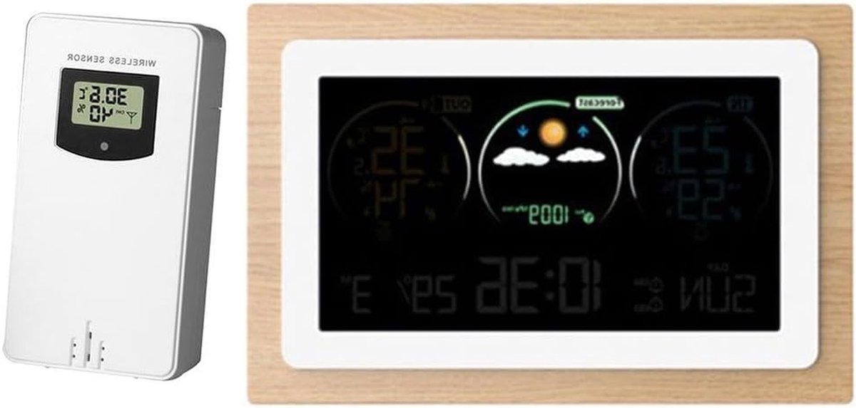 Draadloos Weerstation - Digitale Wekker Weersvoorspeller - Thuis Weer Monitoren - Stijlvol Houten Frame