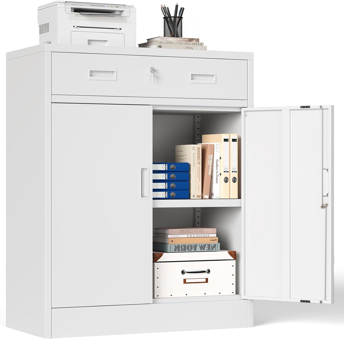 Kantooropbergkast 90x80cm - Stalen kast met 2 deuren - Lockable cabinet met 1 lade - Ideaal voor kantoor en garage - ShopVlot
