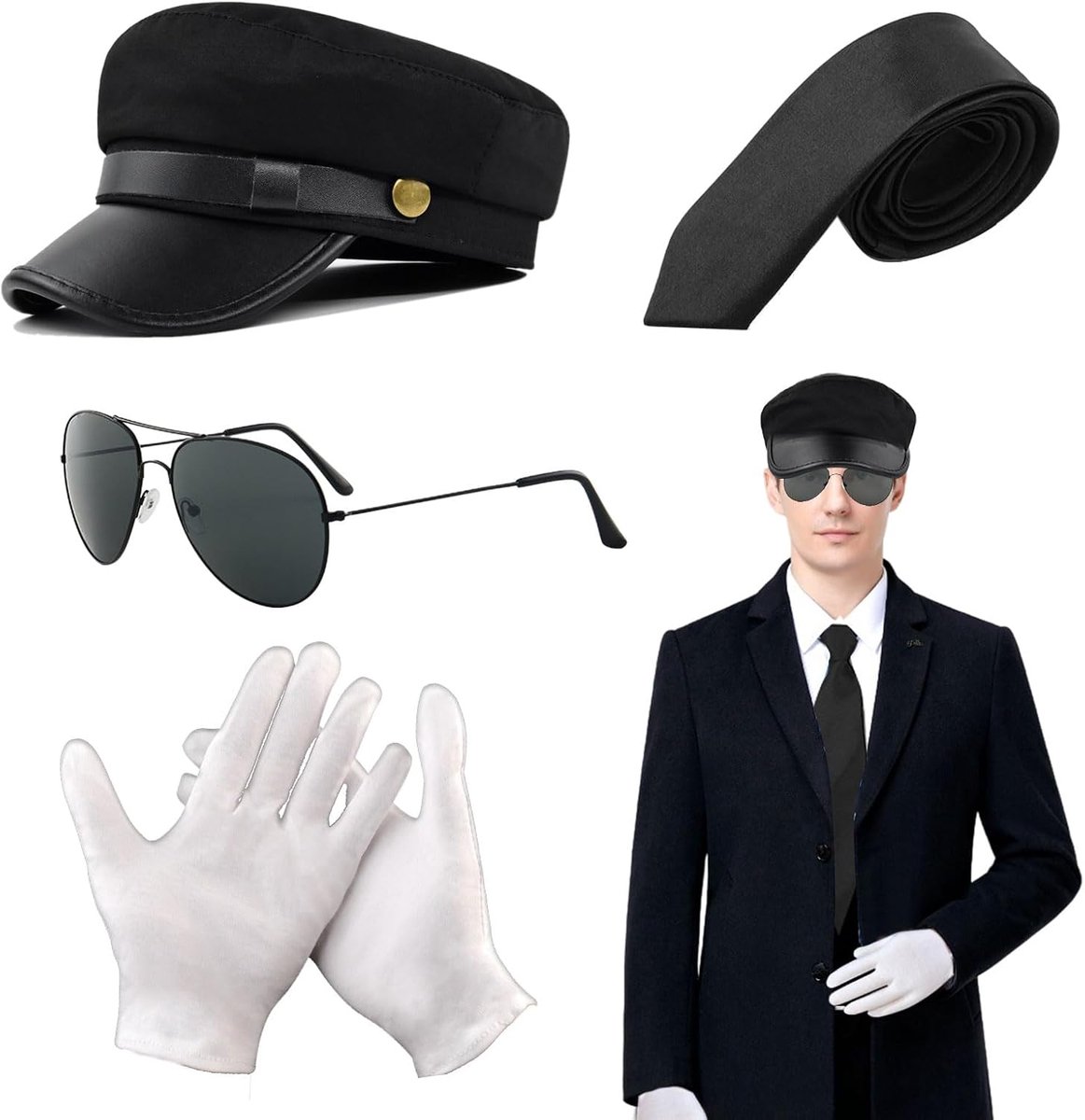 4 stuks Chauffeurskostuum accessoires nieuwigheid rijderskostuum zwarte hoed zonnebril stropdas handschoenen jaren 80 nieuwigheid limo taxichauffeur verkleedkleding voor volwassenen cosplay