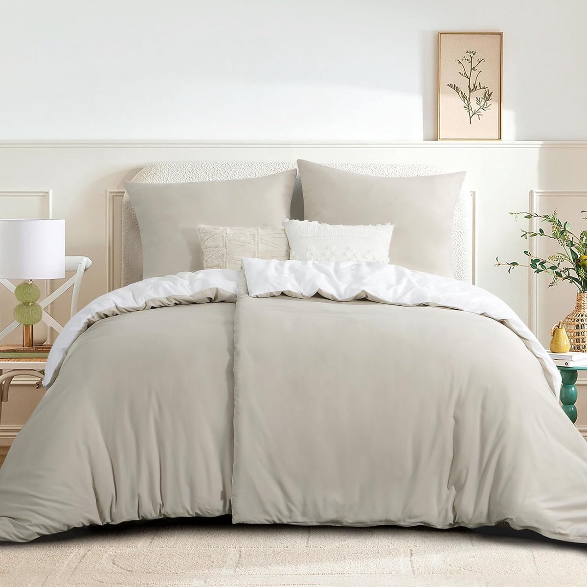 SnelShoppen - Luxe Bedlinnen Set 135 x 200 cm Beige/Wit - 4-delige Omkeerbare Duvet Cover met Ritssluiting - Oeko-Tex Microvezel - Zacht en Kreukvrij
