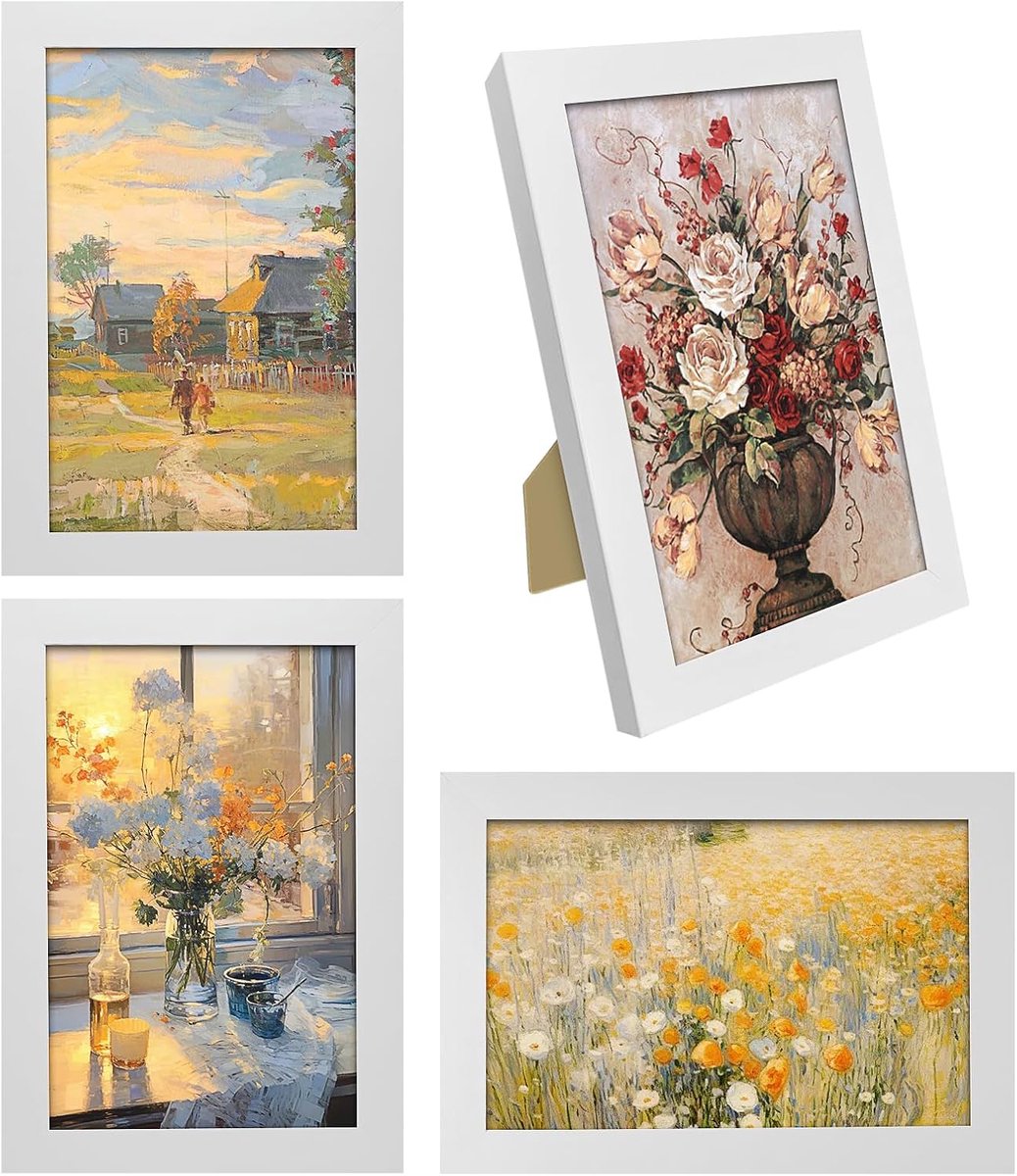 SnelShoppen - Set van 4 Foto Lijsten Wit 10 x 215 cm met Stand, 6 Inch Stabiele MDF Houten Fotolijsten voor Collage in Portret of Landschap met Acrylg