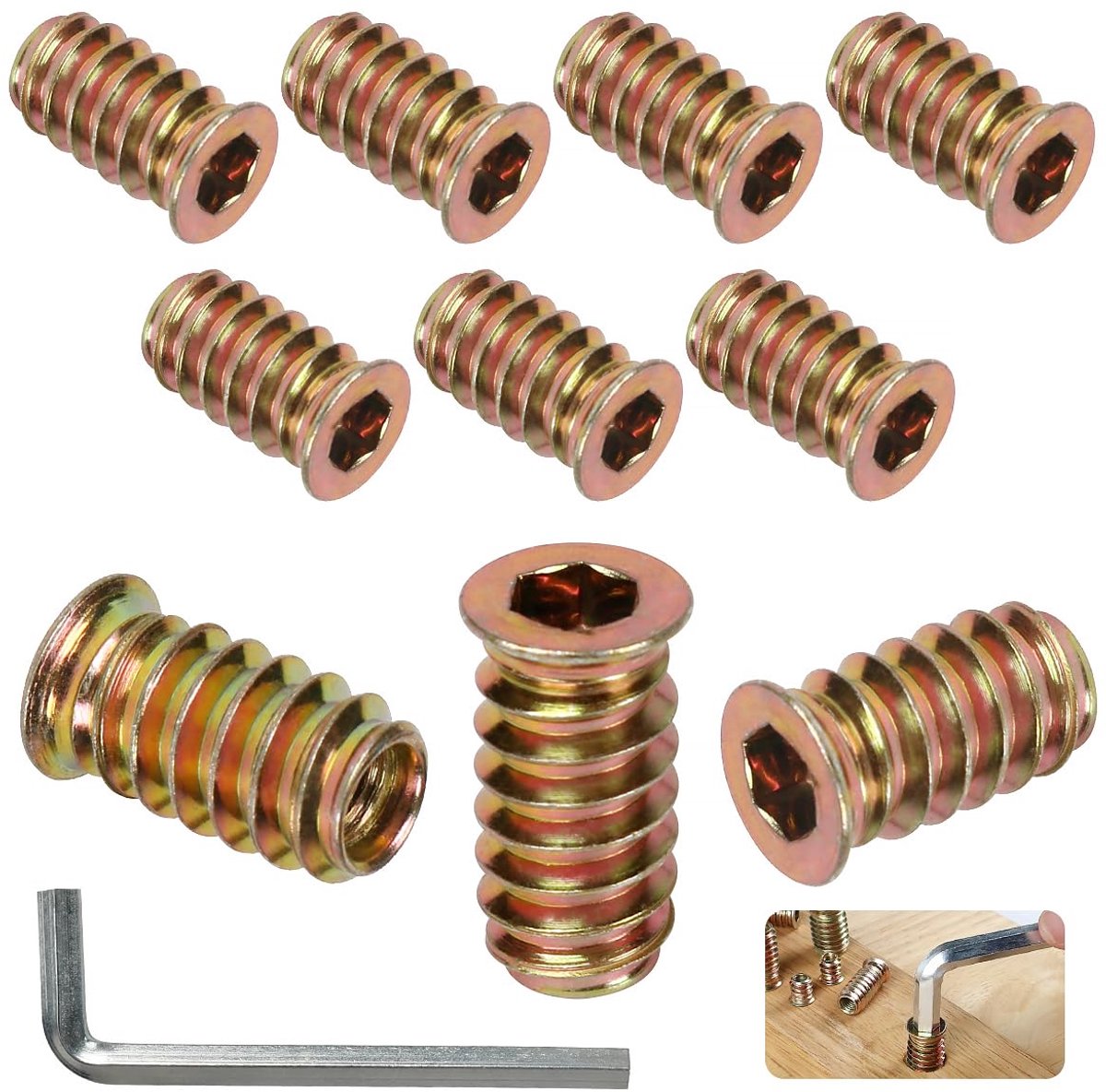 Schroefdraadbussen voor hout M8 x 20 mm, 10 stuks borgmoeren, binnenzeskant, schroefdraadinzetstukken, bevestiging van de schroef van verzinkt staal, zeskantschroeven, voor meubels