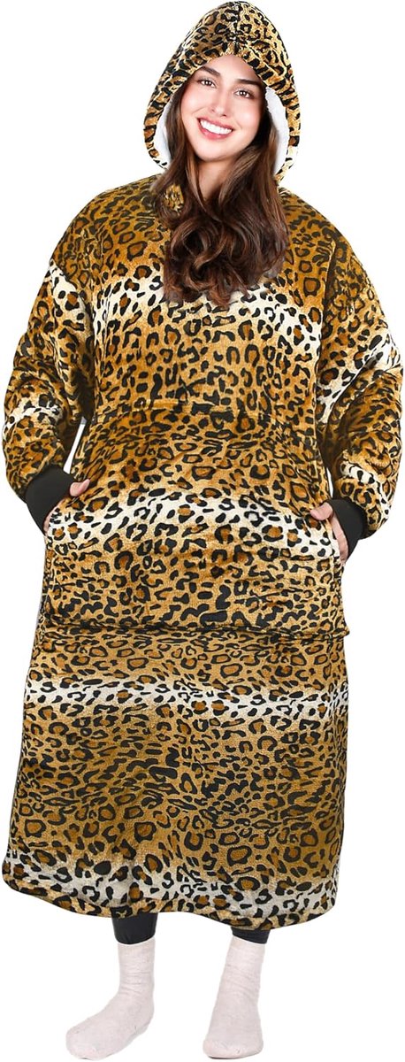 Klassieke grote zachte warme sherpa-hoodie-deken voor volwassenen, vrouwen, mannen, superwarm en lang, oversized pluche hoodie-dekjurk met capuchon en voorzak, koe print