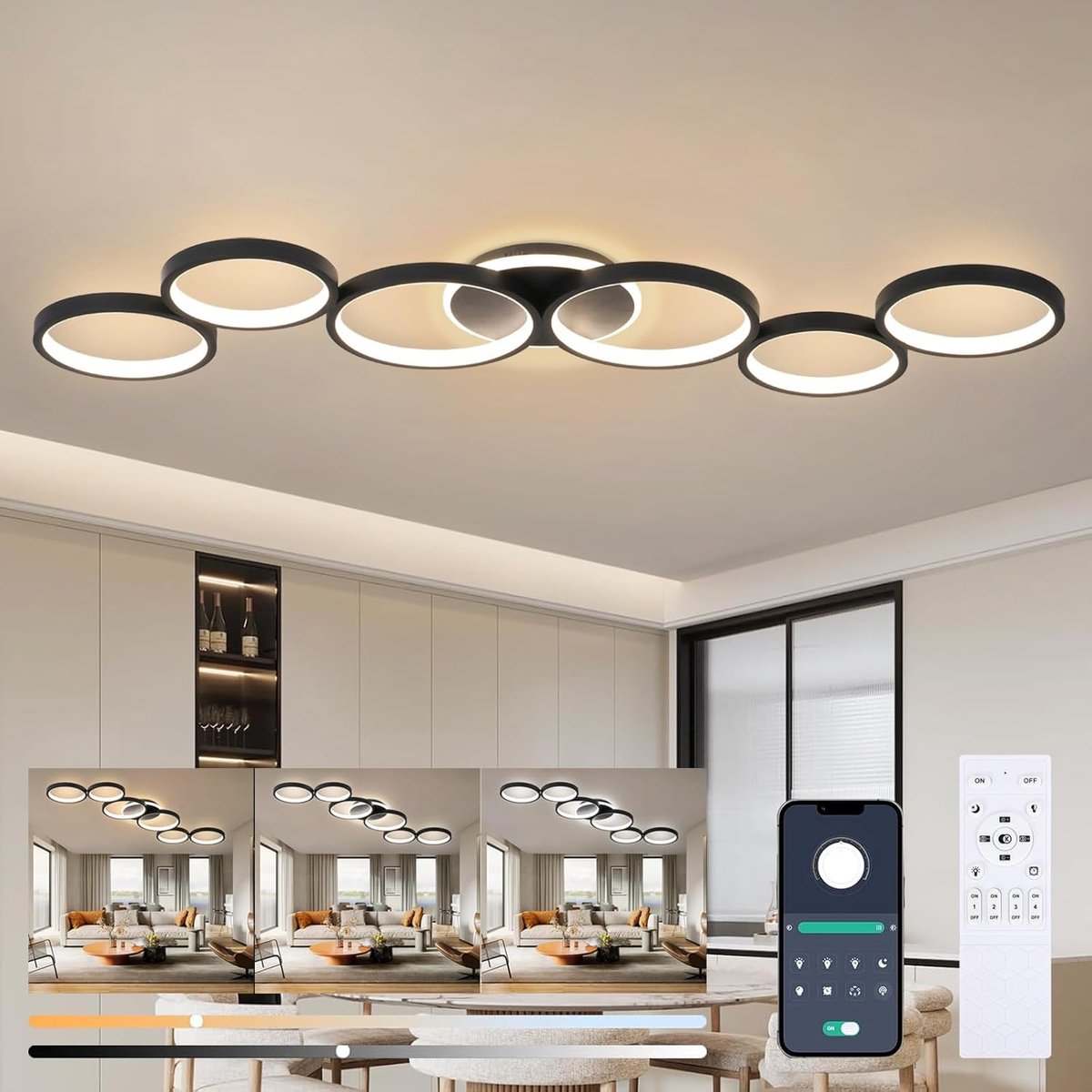 Plafondlamp Dimbaar Woonkamer Plafondlamp Zwart Woonkamer Lamp | 113cm Slaapkamer Lamp Afstandsbediening en APP, 69W Moderne 6-Rings Ronde Plafondverlichting met Geheugenfunctie